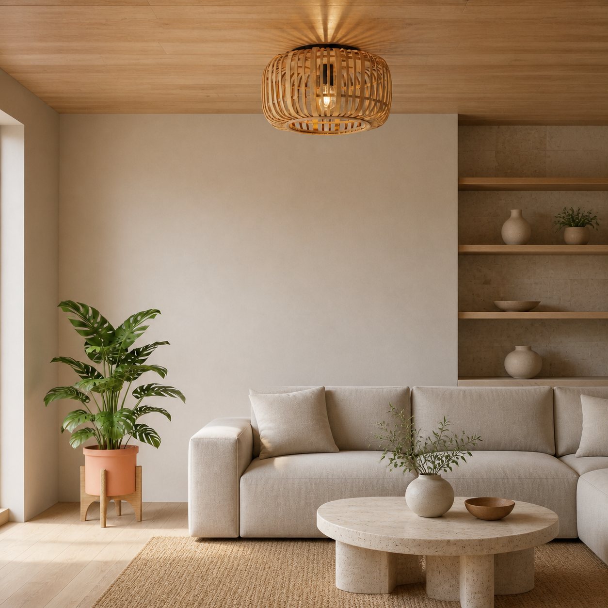 Yumeko Natural Bamboo Flush Ceiling Light - Organic Cage Design Sustainable for Living Room