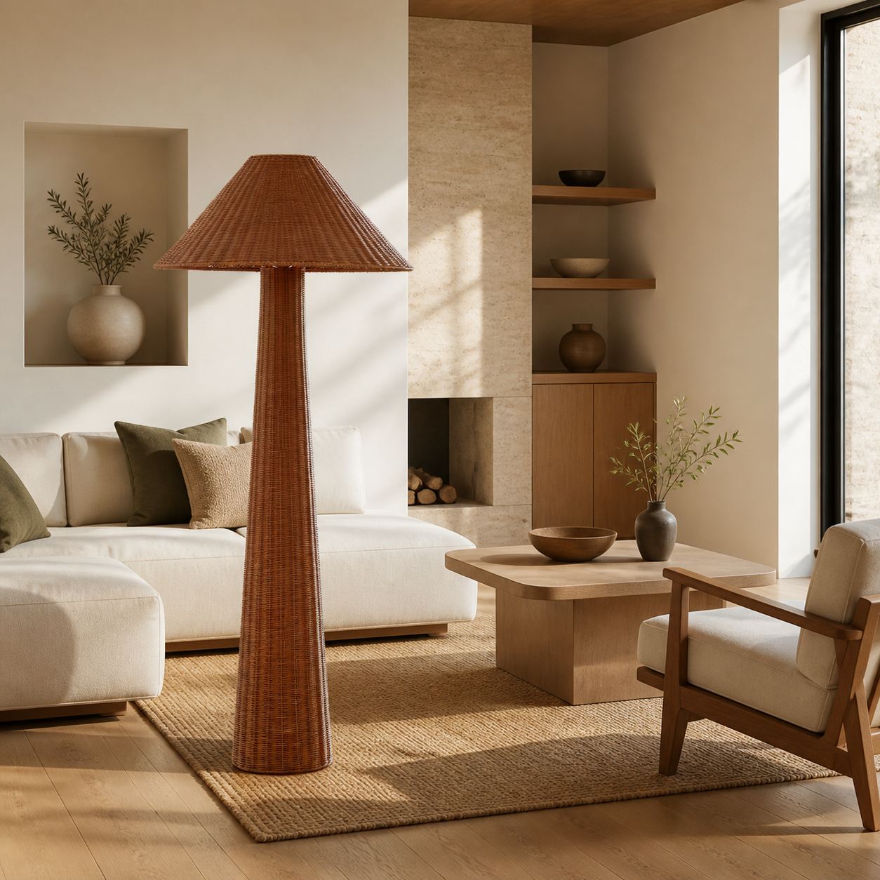 Wickara Stehlampe aus gewebtem Rattan – Skulpturales Rattan-Design im natürlichen Rattan-Stil, geeignet für Wohnzimmer und Schlafzimmer
