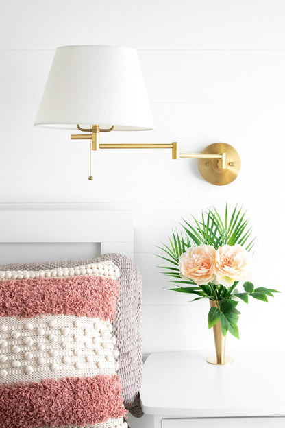 Ornato Brass Swing Arm Wall Sconce with White Cloth Shade for Bathroom Vanity or Hallway