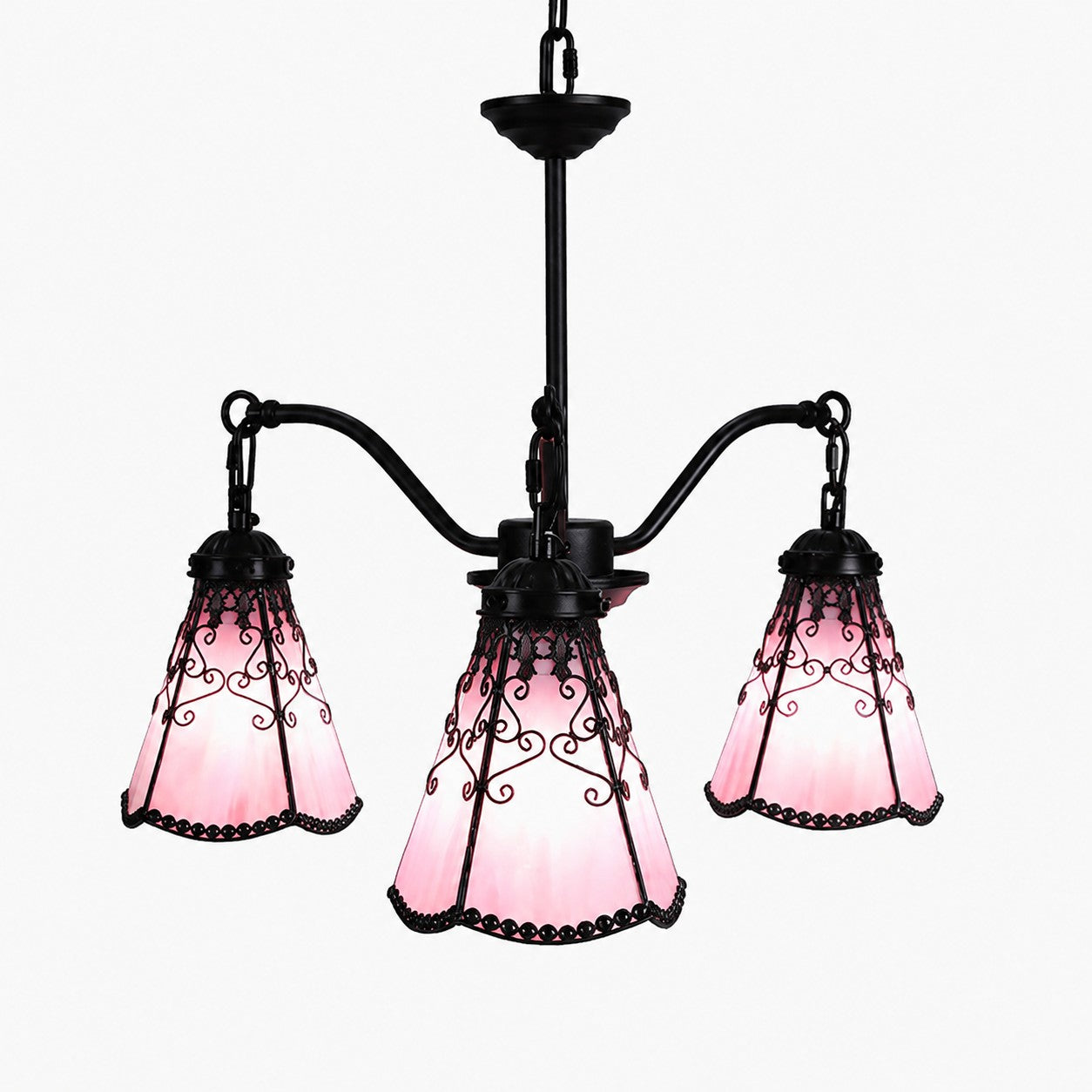 Pink Tiffany-style three light chandelier