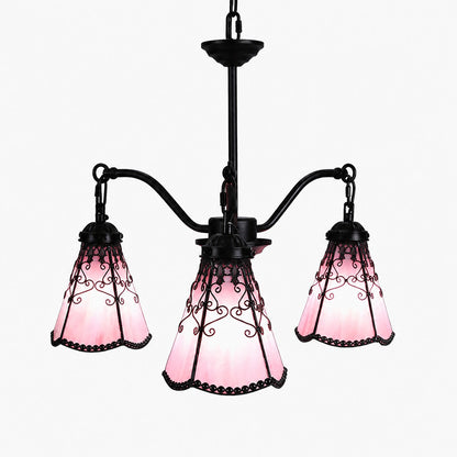 Pink Tiffany-style three light chandelier