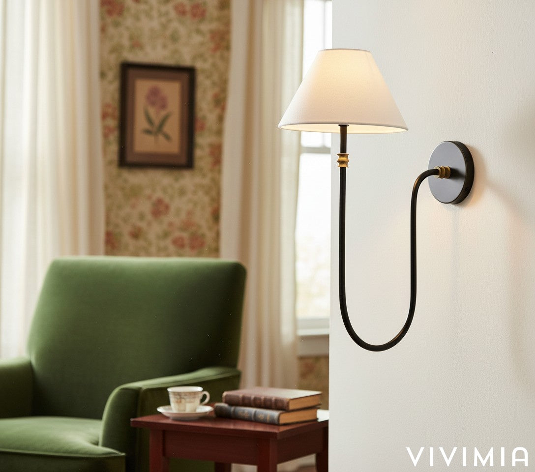 Calin Vintage Inspired Metal Wall Light with Soft Linen Shade - Elegant Accent Lighting for Any Space