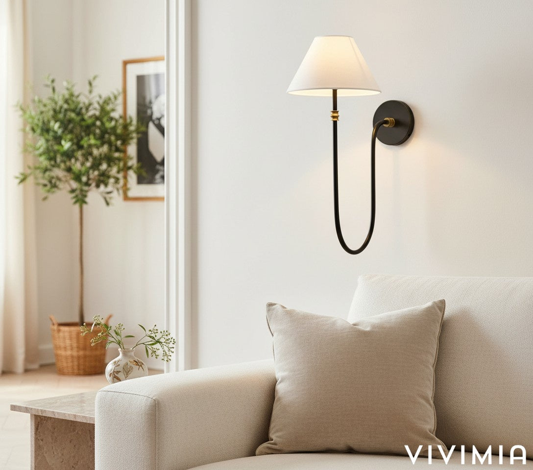 Calin Vintage Inspired Metal Wall Light with Soft Linen Shade - Elegant Accent Lighting for Any Space