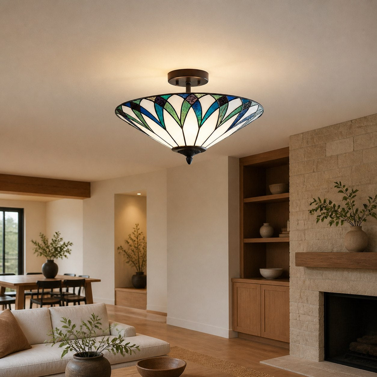 TF Allanton Tiffany Semi Flush Ceiling Light – Art Nouveau Patterned Shade for Living or Dining