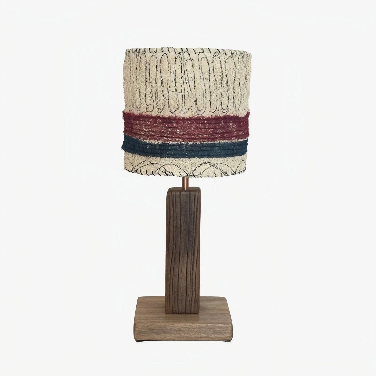 Red and blue stripe loofah table lamp on a white background