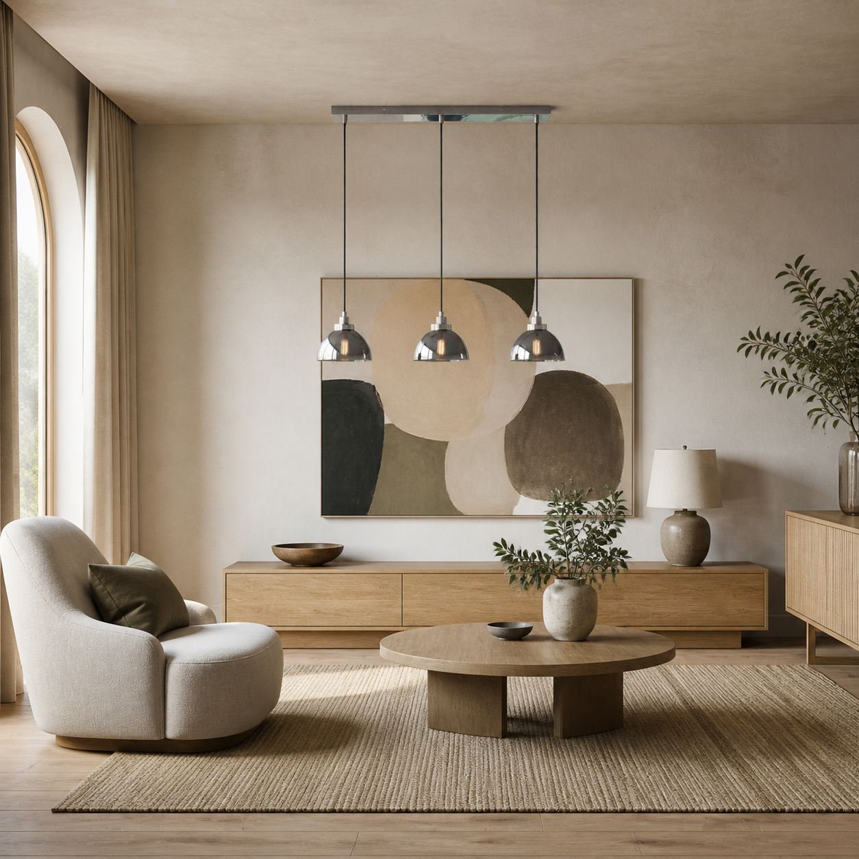 Shimmera 3-Light Linear Pendant – Mirror Glass Shades with Modern Nickel Finish for Dining Rooms