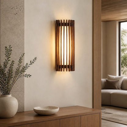 Boskelux Walnut Wall Lamp – Curved Backplate and Diffused Glow for Living Rooms or Hallways