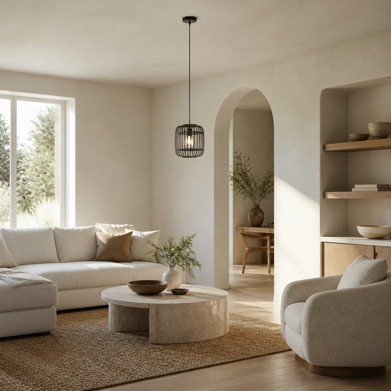 Yumeko Verstellbare Bambus-Pendelleuchte – Natürliche Käfig-Deckenleuchte, perfekt für Wohn- und Esszimmer