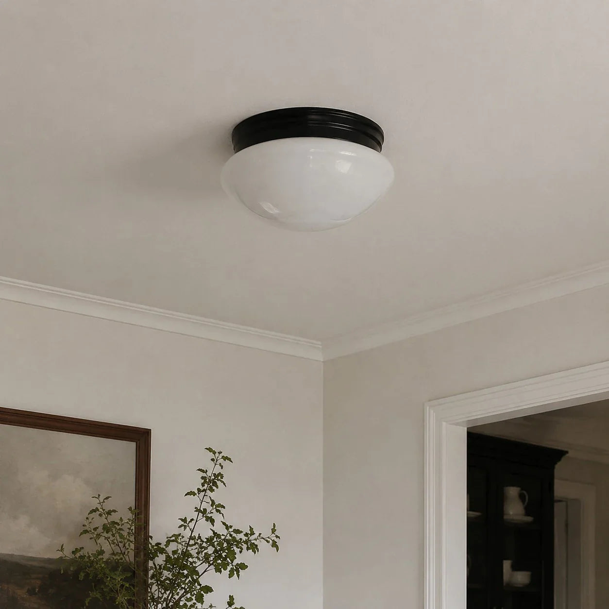 Opal glass flush mount installed in a calm neutral room