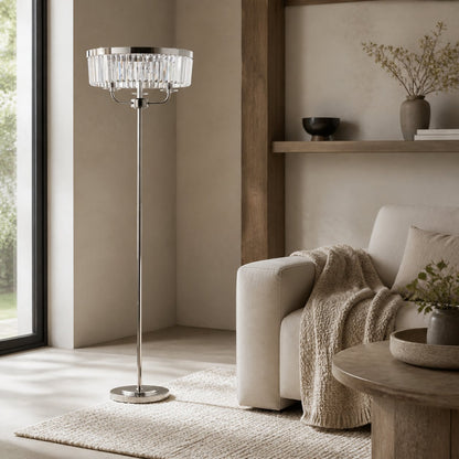 Beveline 3 Light Round Floor Lamp - Faceted Cut Glass Shades Classic Metal Finish For Living Rooms