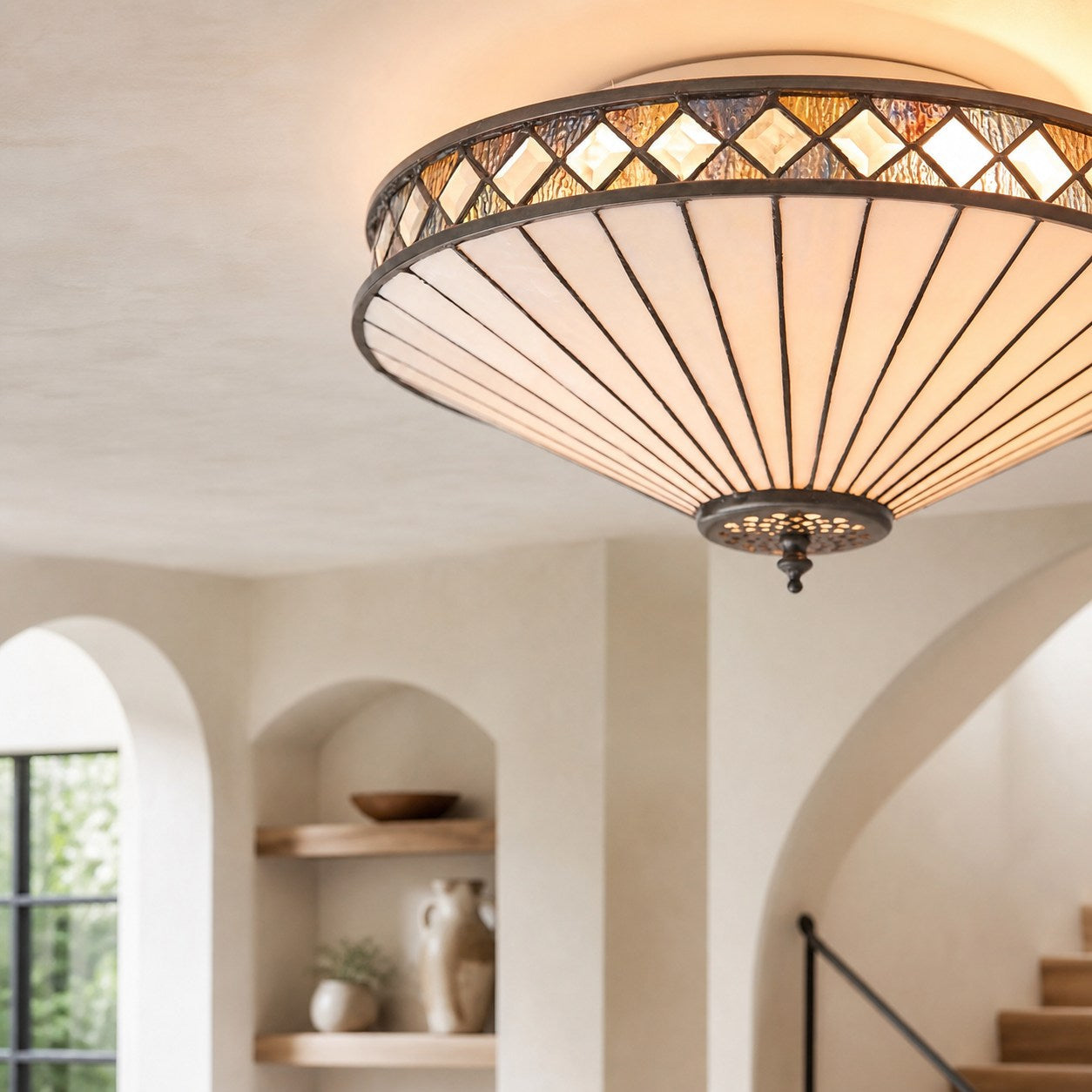 TF Fargo Geometrische Deckenleuchte – Handgefertigte Art-Deco-Lampe aus Buntglas für den Eingangsbereich