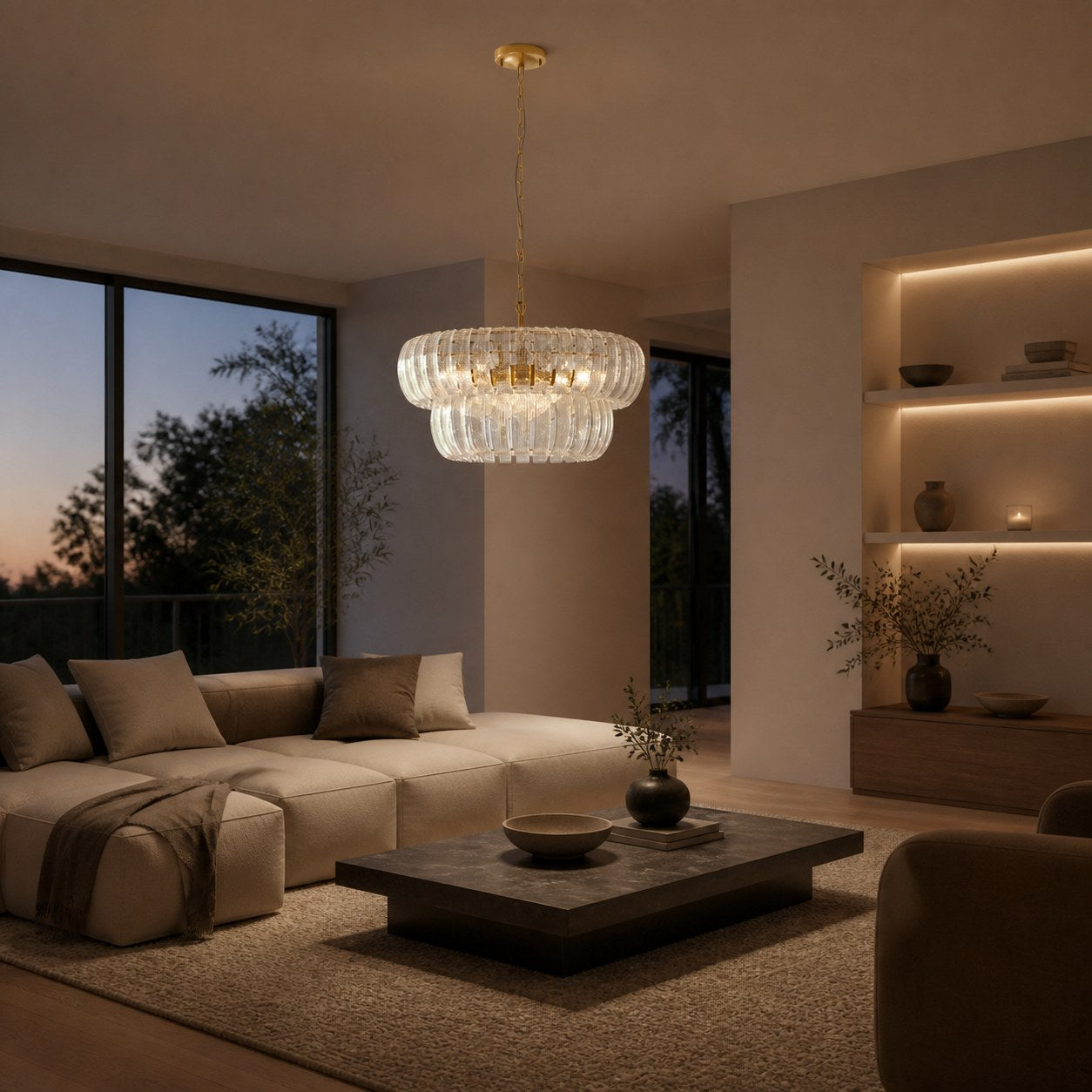 Solara 6-Light Tiered Pendant – Cascading Curved Glass and Metal-Frame for Dining & Entry