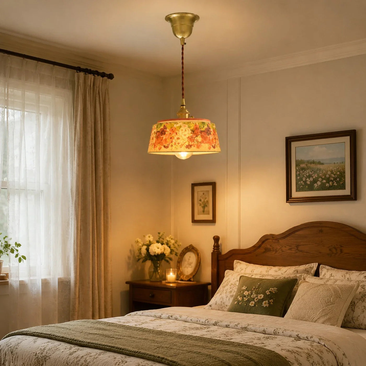 Vintage floral ceramic pendant light detail and room view