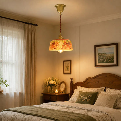 Vintage floral ceramic pendant light detail and room view