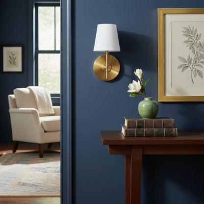 Ornato Retro Modern Wall Sconce with Linen Shade and Curved Arm for Accent and Task Lighting