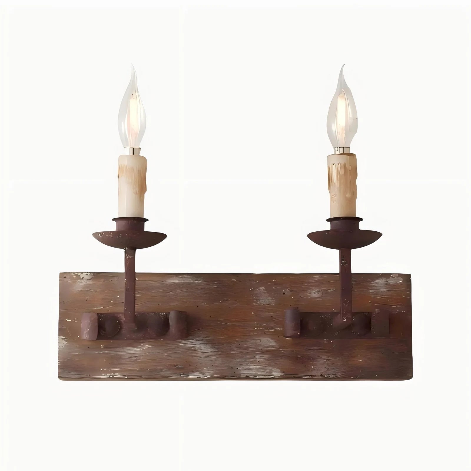 Two light rustic candle wall sconce on a white background