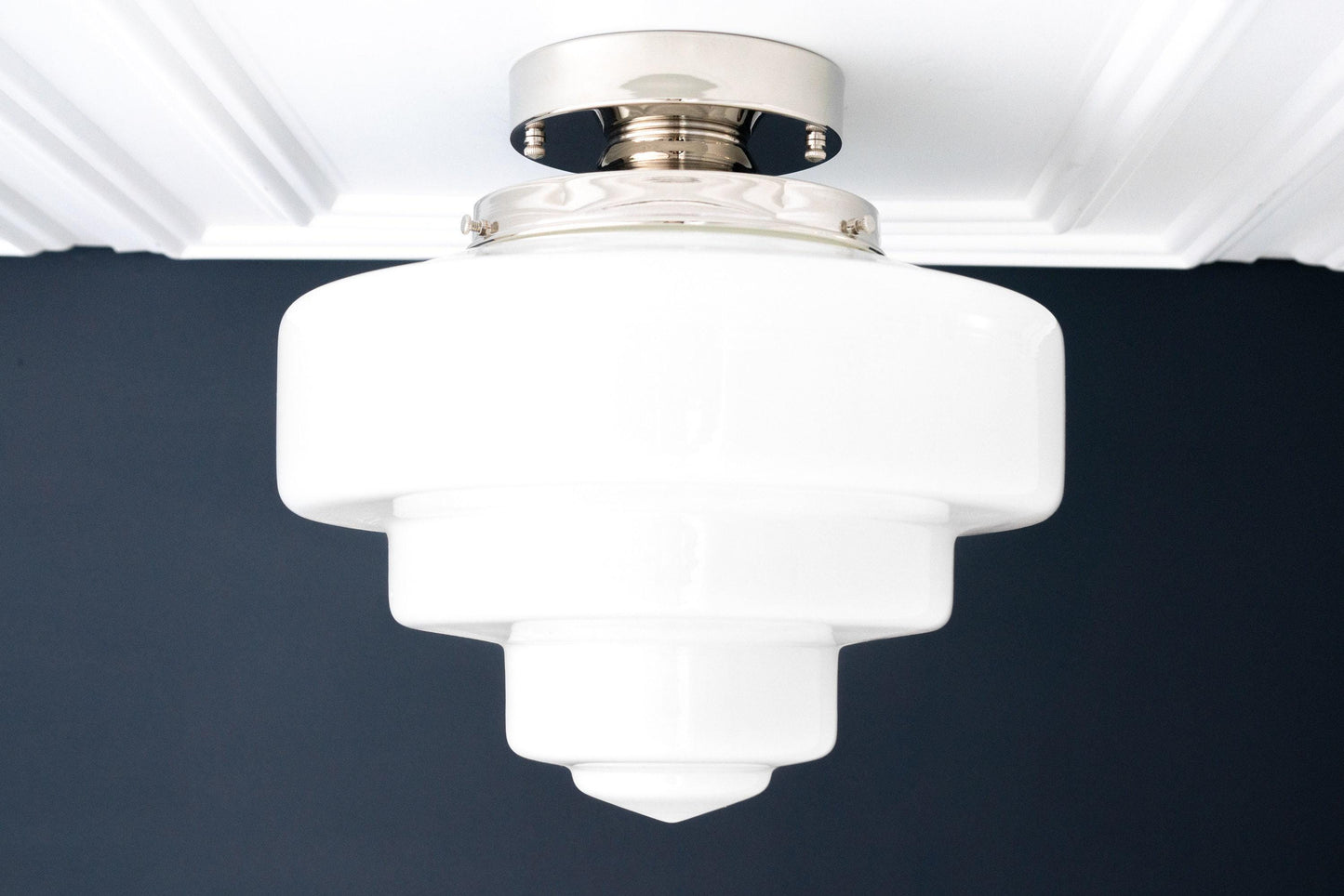 Geotower Glass Brass Ceiling Lamp – Handblown Opal Glass Globe Light