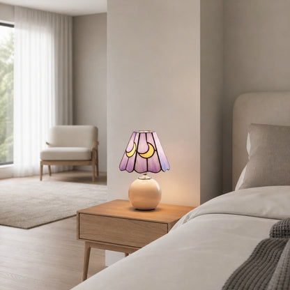 Stellum Mushroom Moon Stained Glass Table Lamp Artistic Accent Light Ceramic Base for Living Spaces