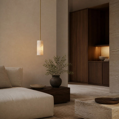 Hand Carved Alabaster Cylinder Pendant Light