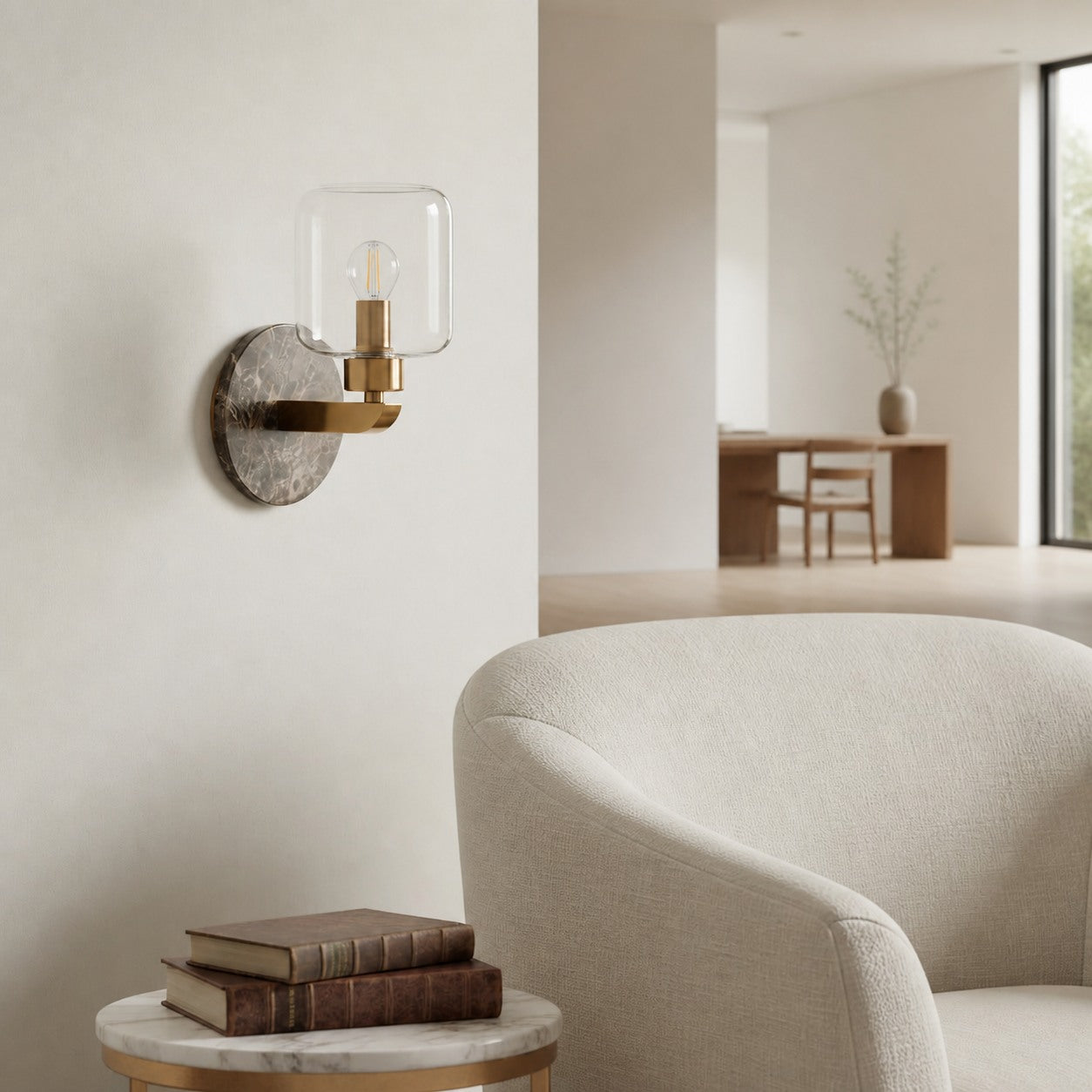 Korlisse Modern Marble Wall Light - Vintage Brass & Clear Glass Accent for Living Room and Hallway