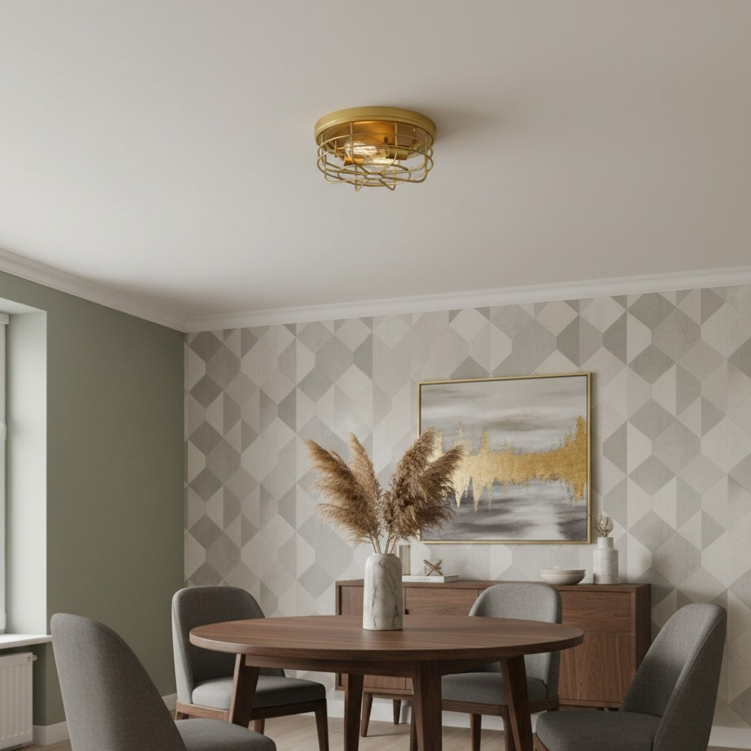Gridray Round Metal Cage Ceiling Lamp Industrial Style – Indoor Lighting for Kitchen Entryway