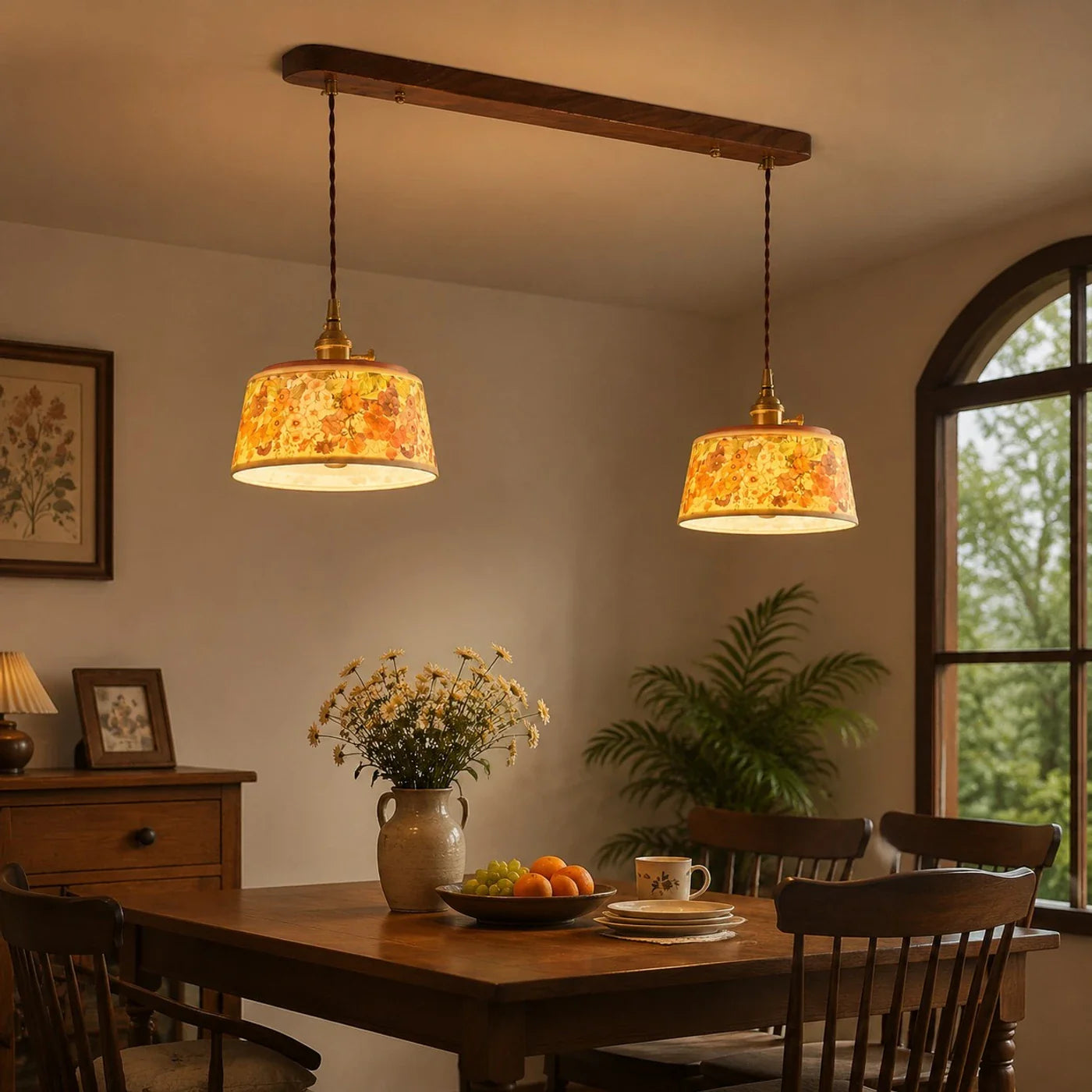 Vintage floral ceramic pendant light detail and room view