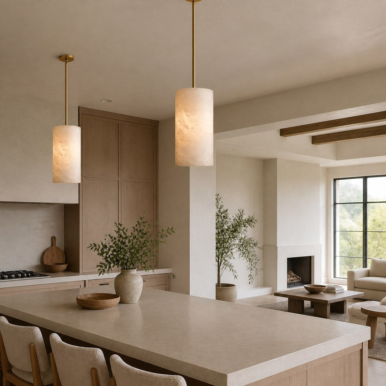Hand Carved Alabaster Cylinder Pendant Light