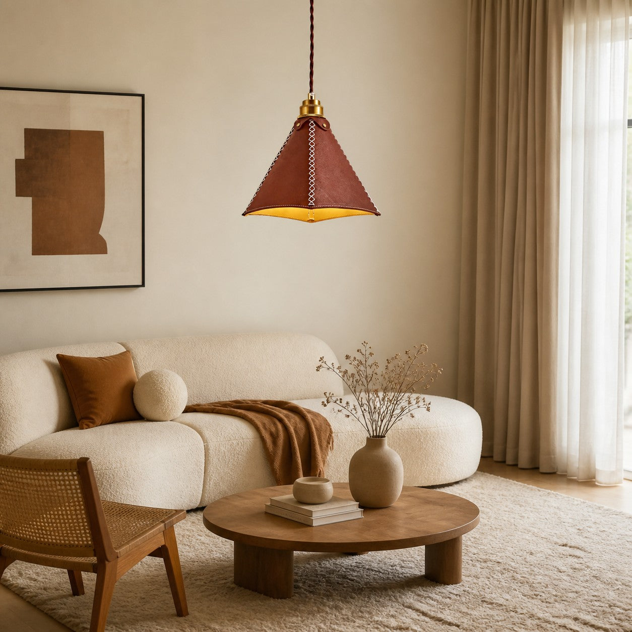 Leather pendant light installed above a warm living room seating area