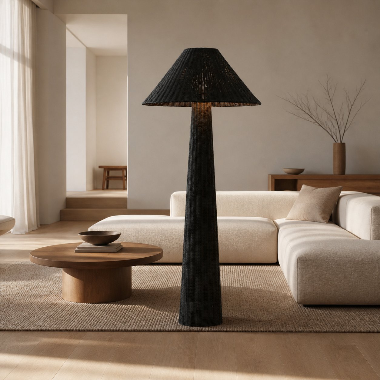 Wickara Stehlampe aus gewebtem Rattan – Skulpturales Rattan-Design im natürlichen Rattan-Stil, geeignet für Wohnzimmer und Schlafzimmer