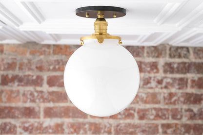 Glorica Glass Mid Century Semi Flush Ceiling Light - White Opal Glass Globe Fixture
