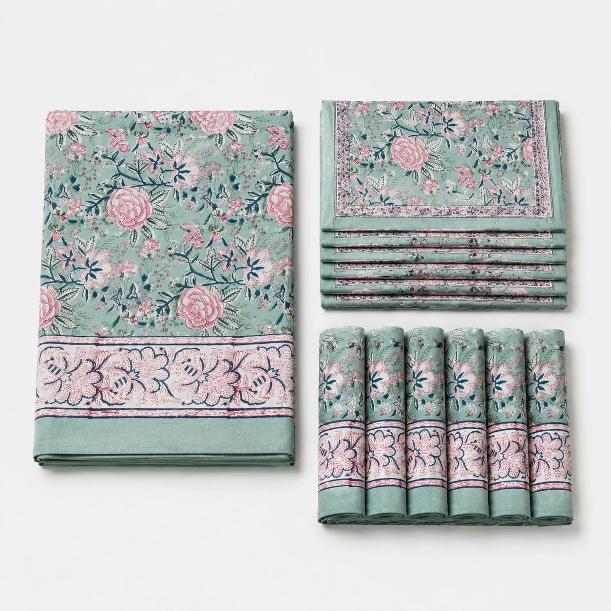 Folded sage green floral cotton linen tablecloth set
