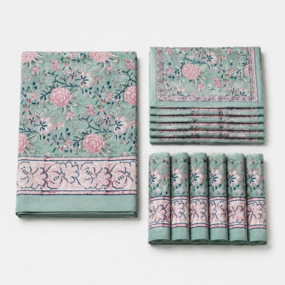 Folded sage green floral cotton linen tablecloth set