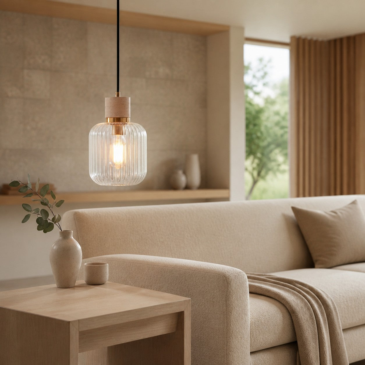 Korlisse Pendelleuchte aus Naturstein und Glas – Stilvolle Lampe für Wohnzimmer oder Lounge