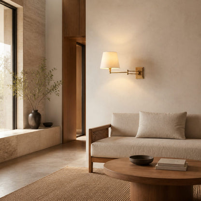 Arcuma Modern Adjustable Arm Wall Sconce with Linen Shade - Contemporary Metal Lighting for Living Room