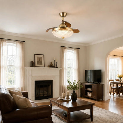 Antique brass retractable ceiling fan light in a living room
