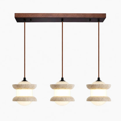 Three-light travertine stone pendant light on a plain background