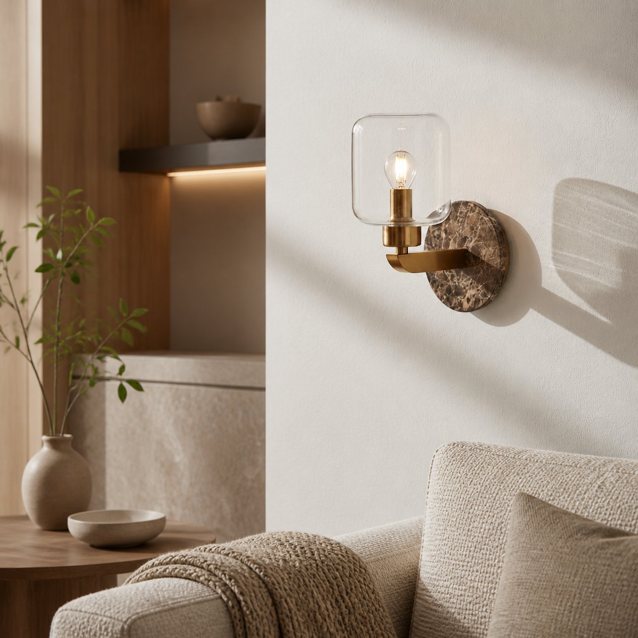 Korlisse Modern Marble Wall Light - Vintage Brass & Clear Glass Accent for Living Room and Hallway