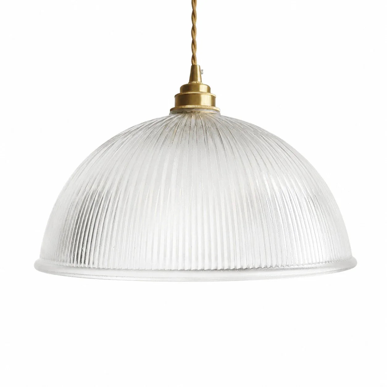 Clear ribbed glass pendant light on a white background