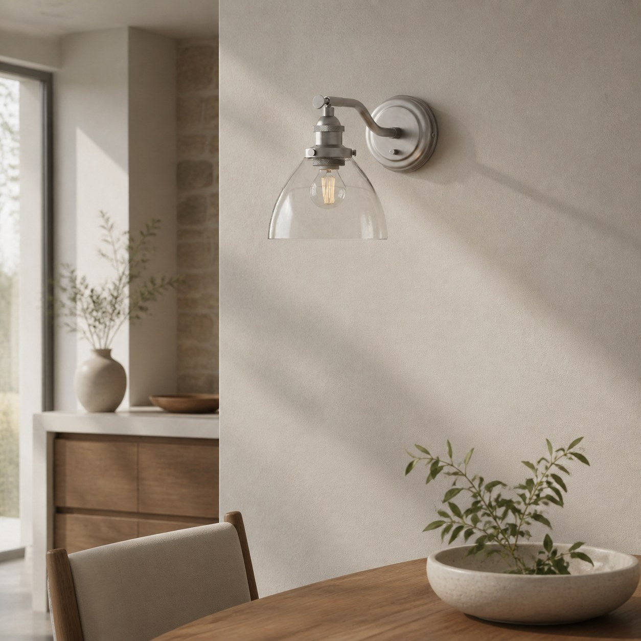 Novera Wall Light Collection – Glass Shade Finishes in Brass Silver Nickel Copper – Residential and Boutique Hospitality