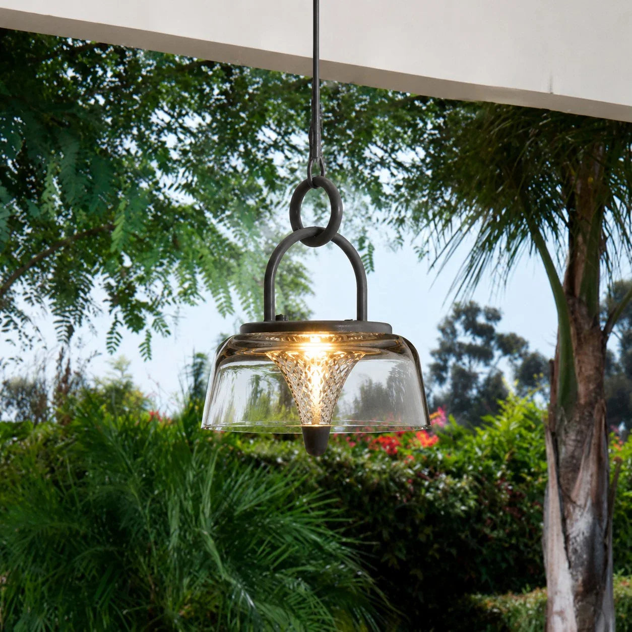 Clear black solar lantern hanging in a garden