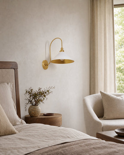 Ivoran Brass Gooseneck Wall Sconce - Curved Arm Dome Shade Light for Bedroom and Hallway