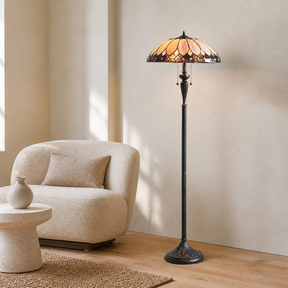 TF Brooklyn Geometrische Art-Deco-Tiffany-Stehlampe – Lampenschirm aus Buntglas und seidenmatter schwarzer Fuß für das Wohnzimmer