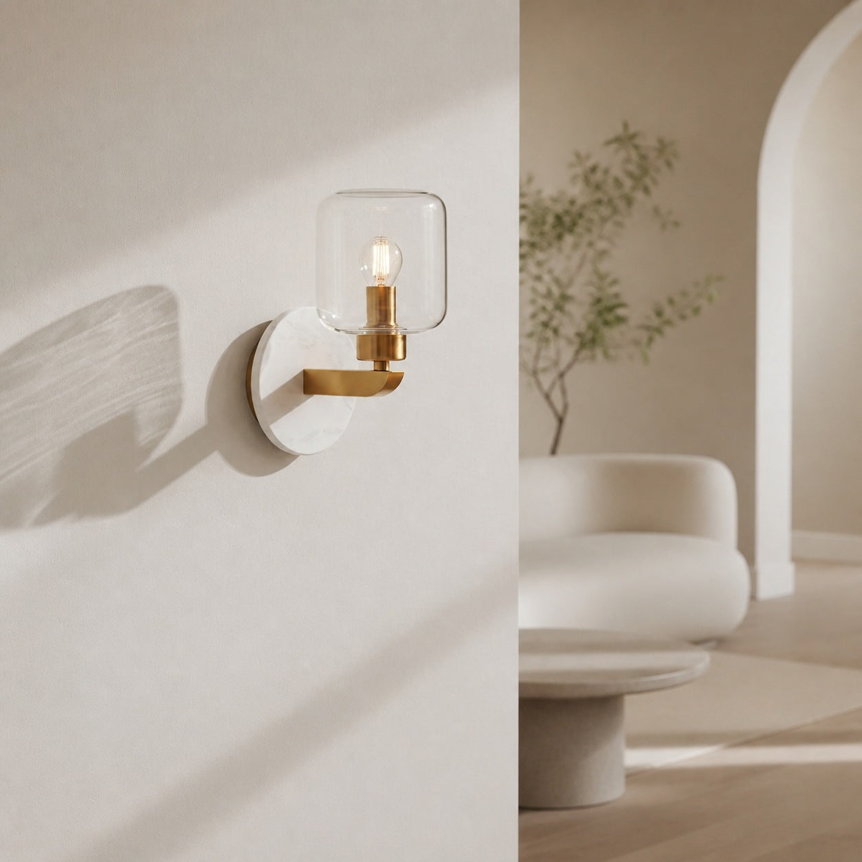 Korlisse Modern Marble Wall Light - Vintage Brass & Clear Glass Accent for Living Room and Hallway