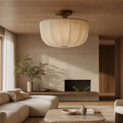 Loomis Flush Ceiling Lamp – Textured Linen Shade and Aged Brass Modern Ceiling Light for Living Rooms