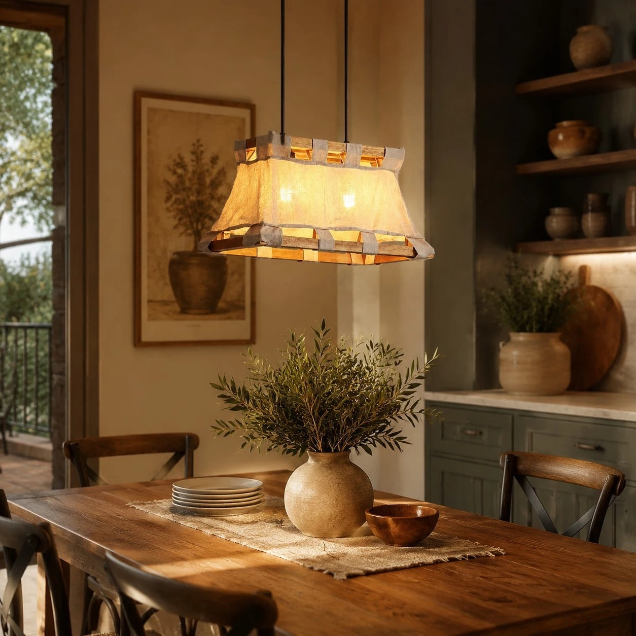 Warm room scene with wood and fabric pendant lamp