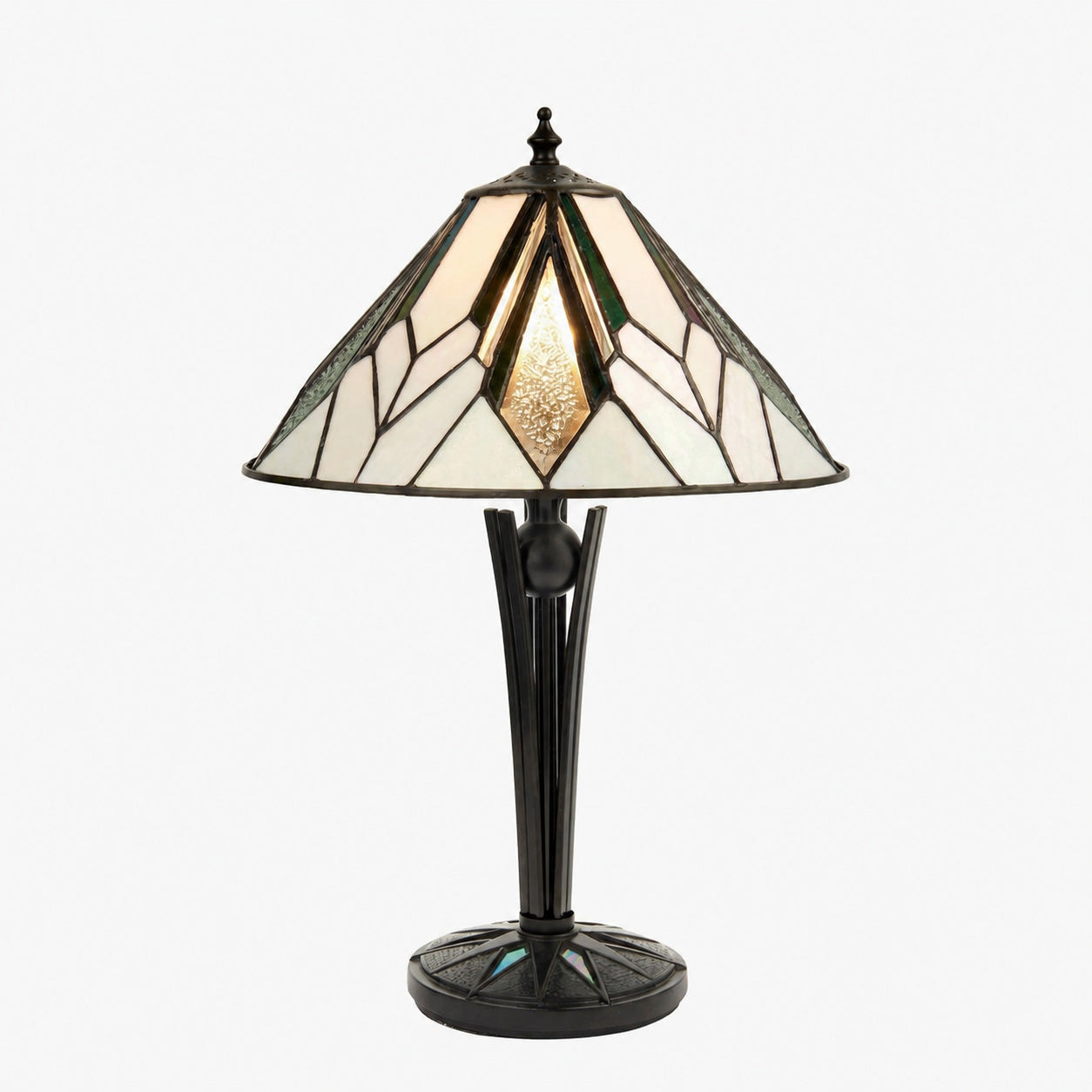TF Astoria Art Deco Tischleuchte aus Buntglas – Facettierter und irisierender Schirm für Schlaf- oder Wohnzimmer