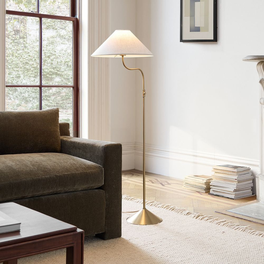 Fibura Modern Linen-Shade Adjustable Floor Lamp with Sleek Metal Arc for Living Rooms and Bedrooms