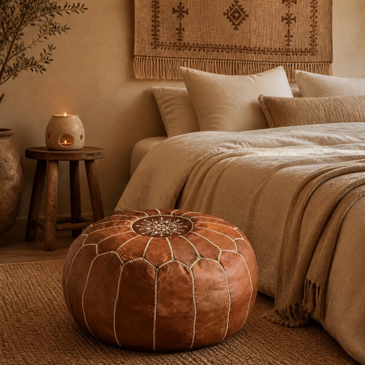 brown Moroccan pouf room scene