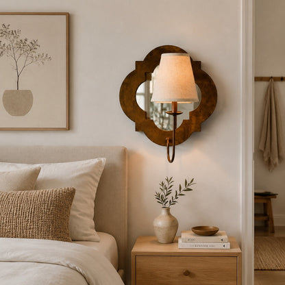 Antique Wood Wall Sconce With Fabric Shade