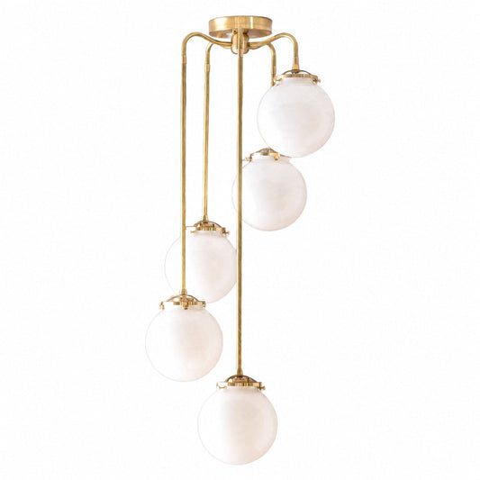 Glorica Glass 5 Globe Kronleuchter – Messing und Opalglas Vintage Pendelleuchte